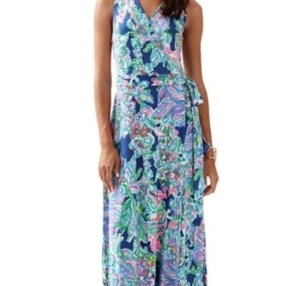 Lilly Pulitzer Delfina Maxi Wrap Dress Size L Rayon Sleeveless - Picture 2 of 6